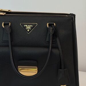 Prada Black Saffiano Leather Satchel with Gold Accents